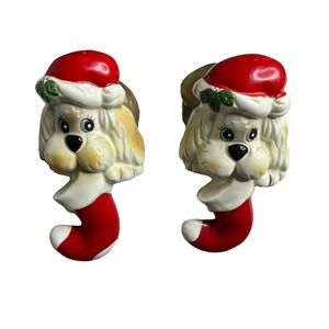 2 Vintage Ceramic DOG Wearing Santa‎ Claus Hat CHRISTMAS STOCKING Holder 7"